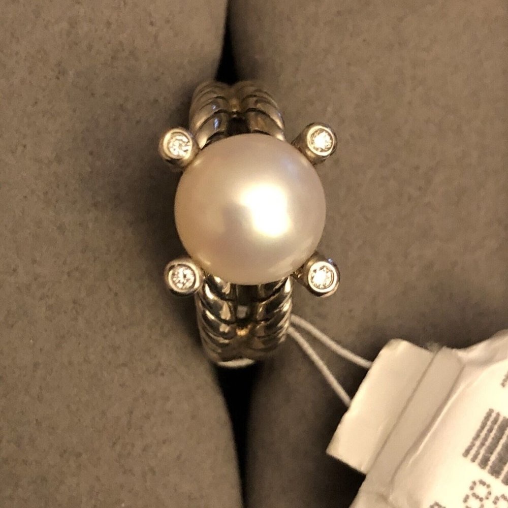 David Yurman Cable Collectibles® Pearl Ring in Silver w/ Diamonds NWT Sz 6